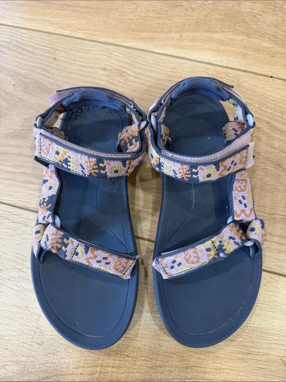 Teva Navy Sandals with Pink and Yellow Patterned Straps